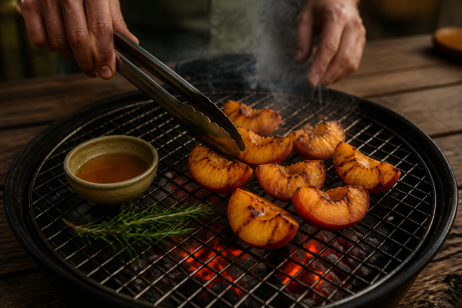 Pêches grillées au miel et romarin : la cuisson qui les rend caramélisées et fondantes