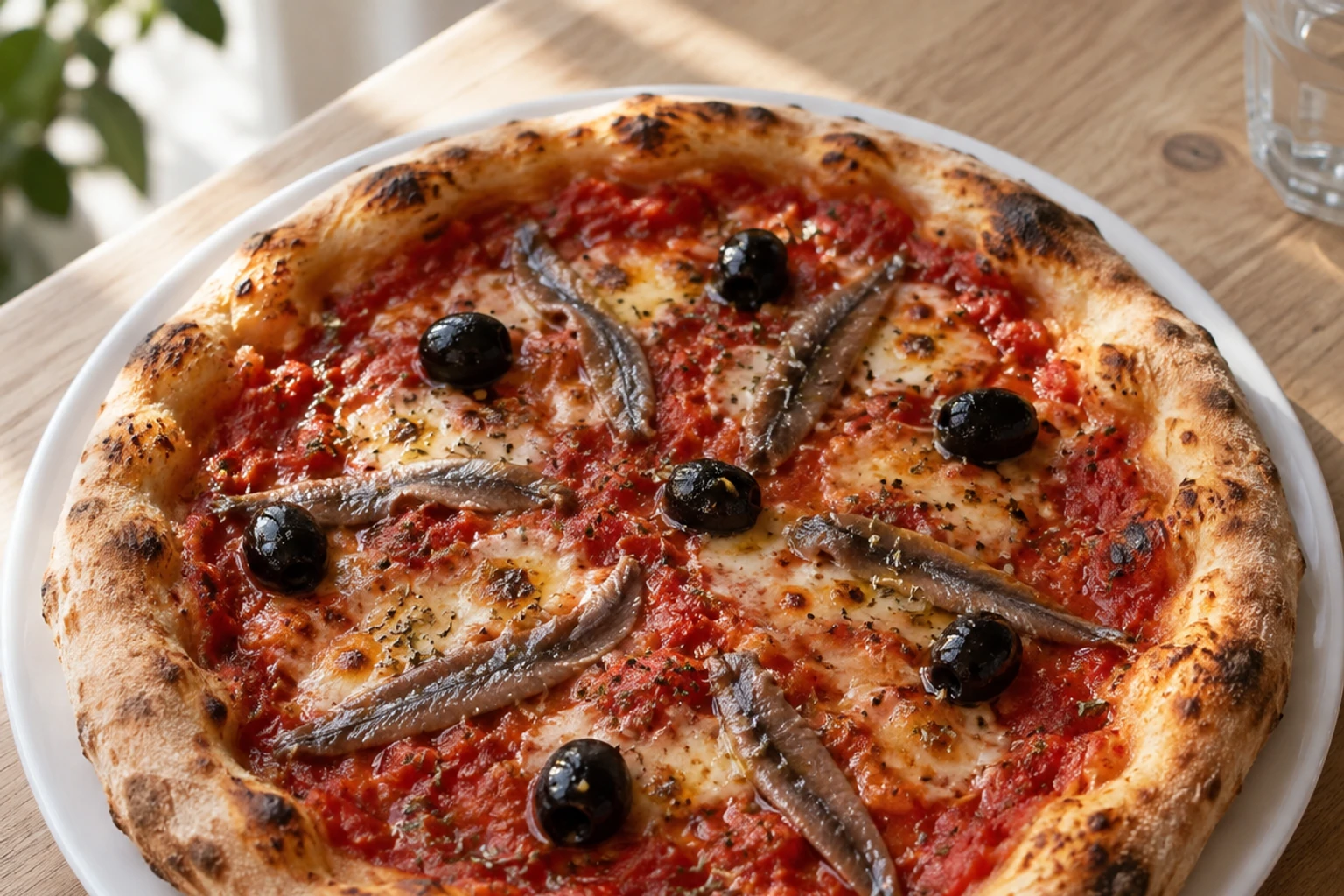 Pizza aux anchois et olives noires sur assiette blanche, lumière naturelle
