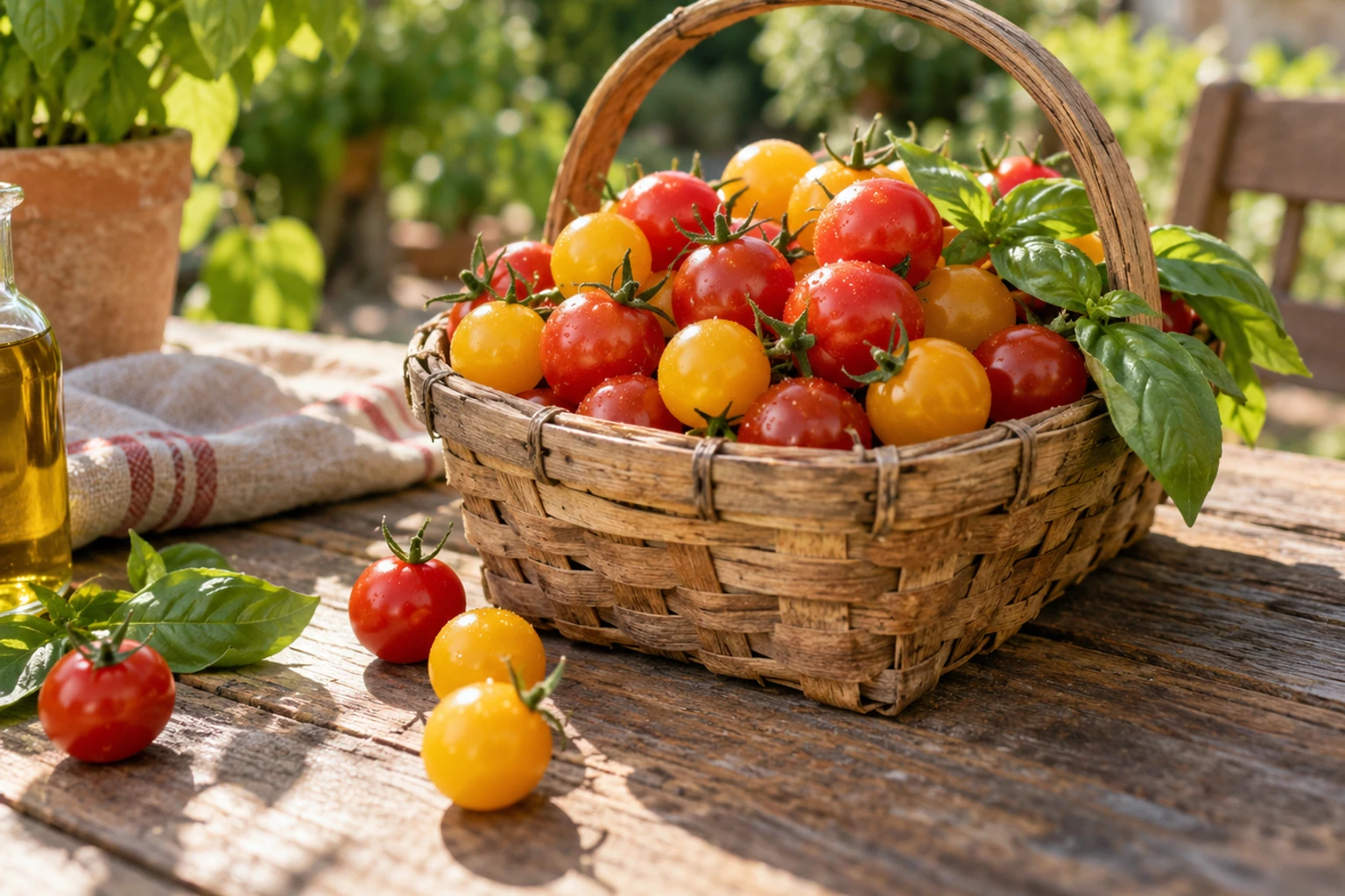 Panier en osier rempli de tomates cerises rouges et jaunes sur table en bois