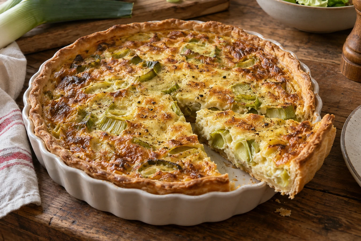 Quiche aux poireaux dorée, part découpée révélant garniture crémeuse et morceaux de poireau