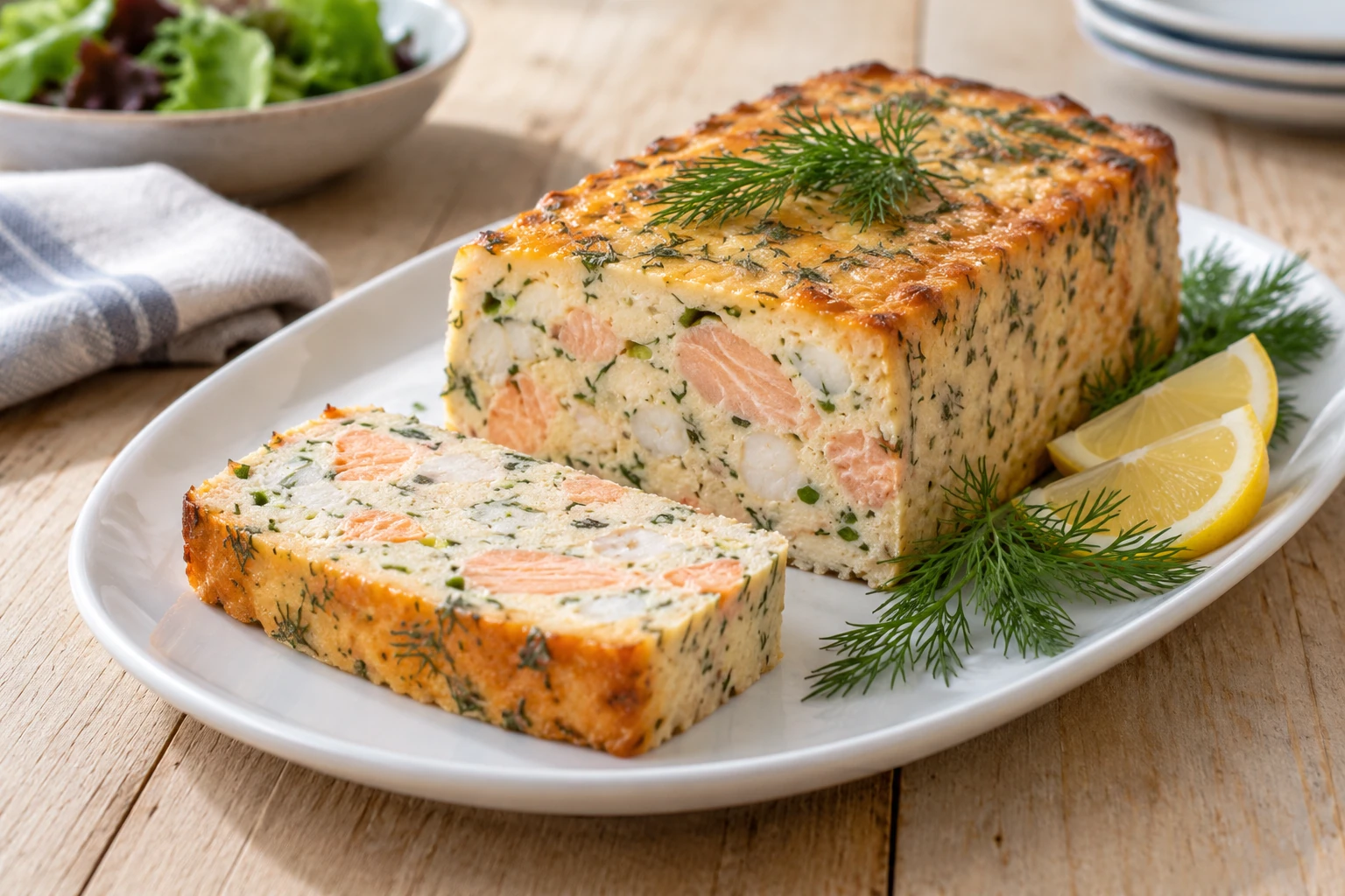 Pain de poisson tranché au saumon et herbes, servi avec quartiers de citron et aneth