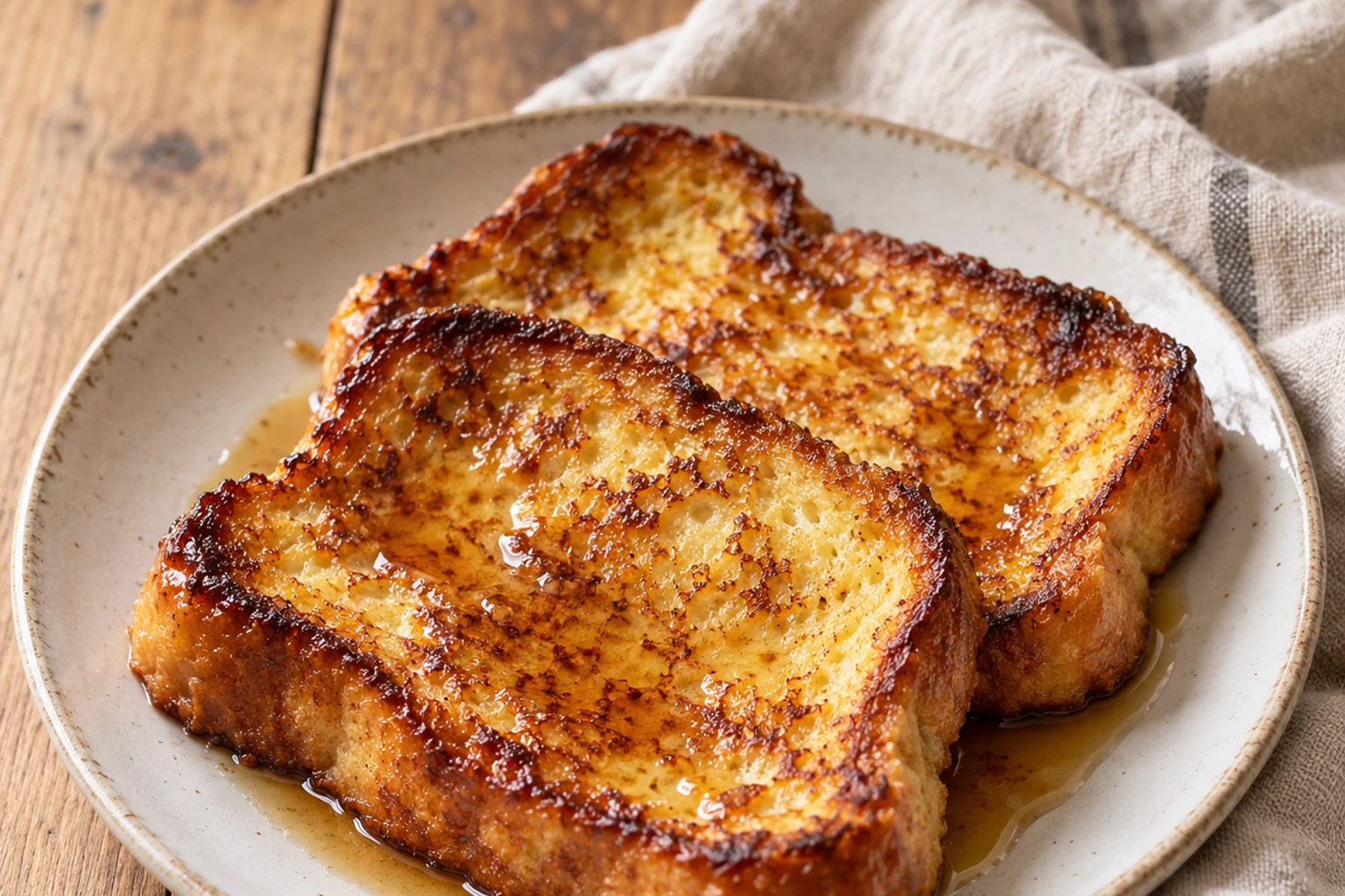 Deux tranches de pain perdu dorées nappées de sirop sur assiette beige