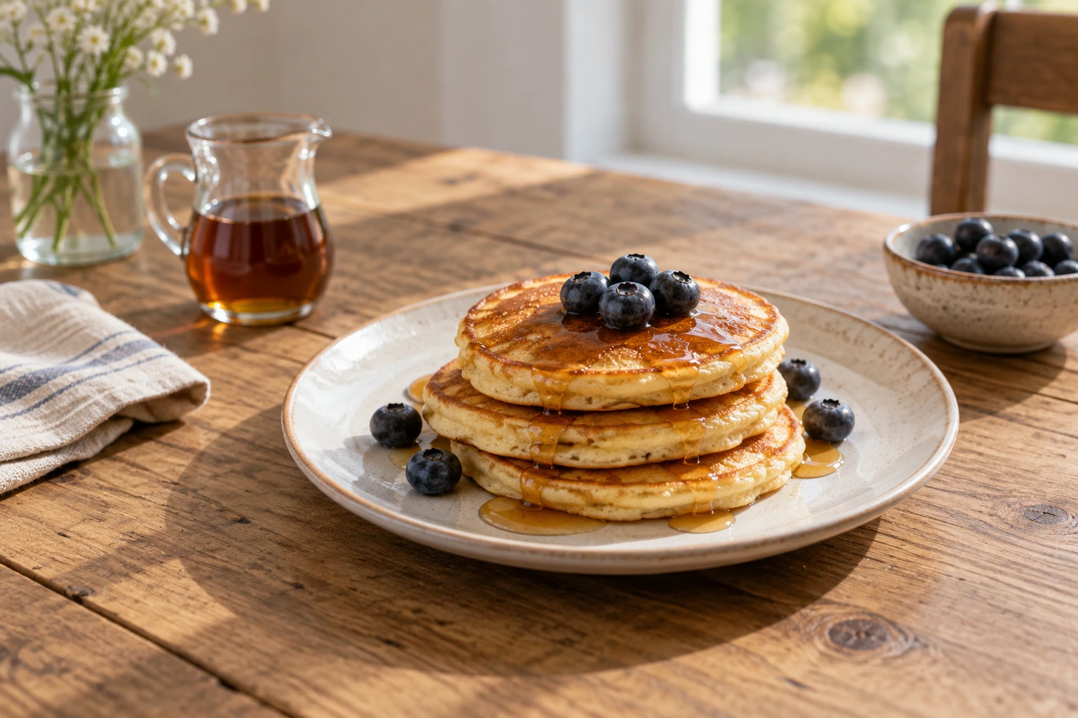 Pile de pancakes dorés nappée de sirop et garnie de myrtilles sur assiette