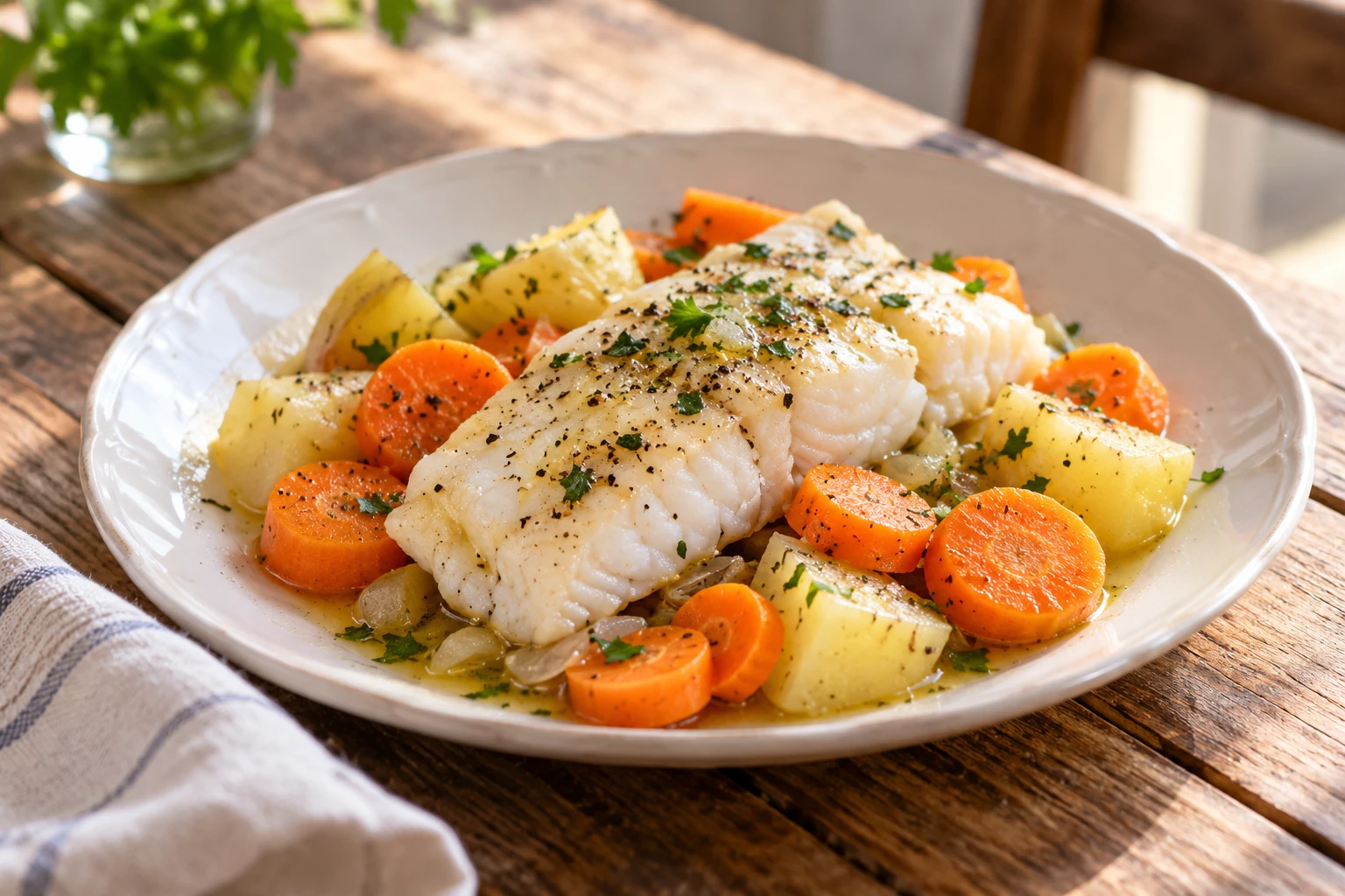 Filet de poisson blanc rôti sur lit de carottes et pommes de terre, herbes